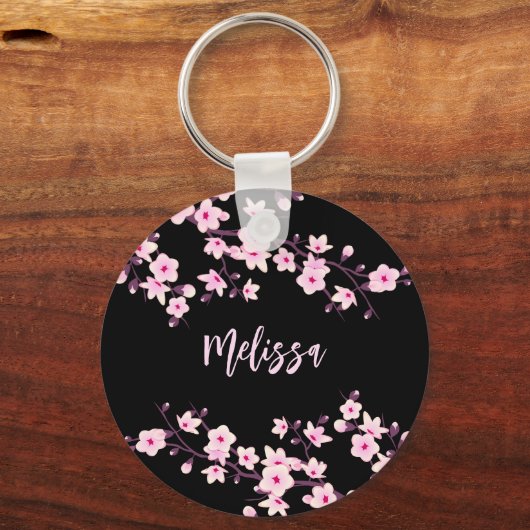Floral Cherry Blossom Black Roze Sleutelhanger (Achterkant)