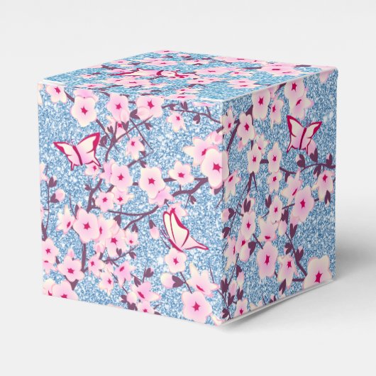 Floral Cherry Blossom Blue Glitter Bedankdoosjes (Voorkant Zijde)