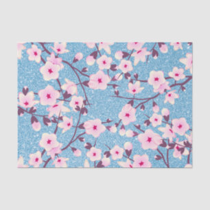 Floral Cherry Blossom Blue Glitter Tissuepapier