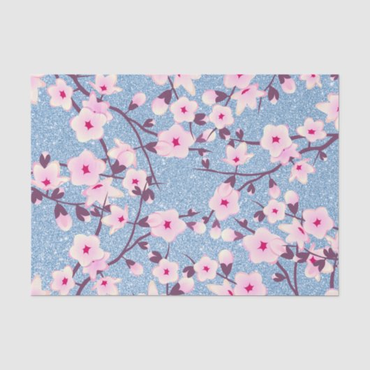 Floral Cherry Blossom Blue Glitter Tissuepapier (Voorkant)