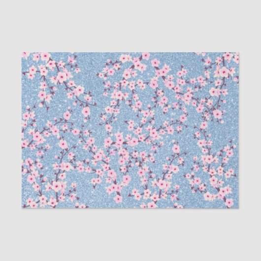 Floral Cherry Blossom Blue Glitter Tissuepapier (Voorkant)