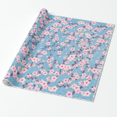 Floral Cherry Blossom Blue Glitter Wrapping Paper Cadeaupapier (Uitgerold)
