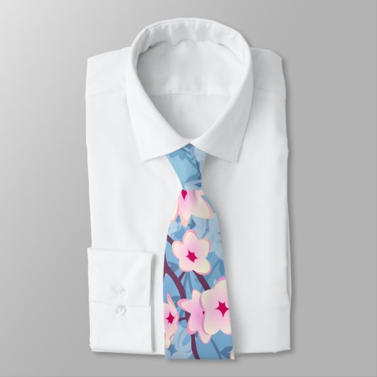 Floral Cherry Blossom Blue Pink Stropdas (Gebonden)