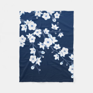 Floral Cherry Blossom Blue White Fleece Deken