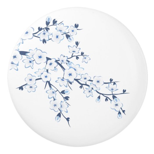 Floral Cherry Blossom Blue White Keramische Knop (Voorkant)
