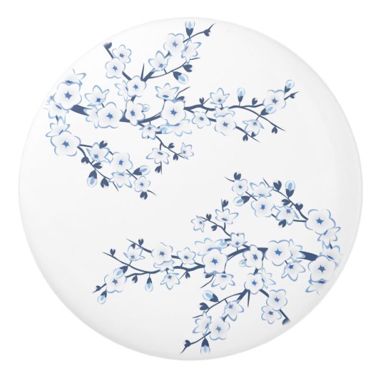 Floral Cherry Blossom Blue White Keramische Knop (Voorkant)
