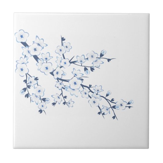 Floral Cherry Blossom Blue White Tegeltje (Voorkant)