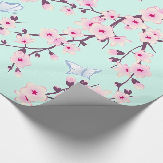 Floral Cherry Blossom Butterflies Mint Pattern Cadeaupapier (Hoek)