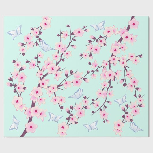 Floral Cherry Blossom Butterflies Mint Pattern Cadeaupapier (Vlak)