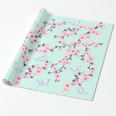 Floral Cherry Blossom Butterflies Mint Pattern Cadeaupapier (Uitgerold)
