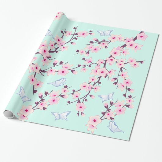 Floral Cherry Blossom Butterflies Mint Pattern Cadeaupapier (Uitgerold)