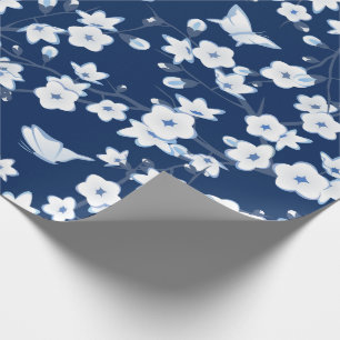 Floral Cherry Blossom Butterflies Navy Blue White Cadeaupapier