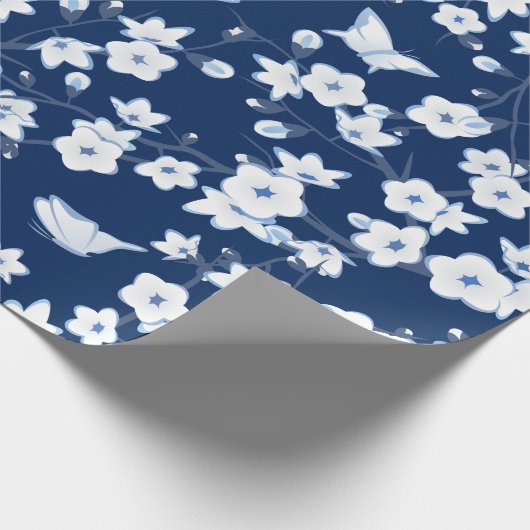 Floral Cherry Blossom Butterflies Navy Blue White Cadeaupapier (Hoek)
