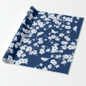 Floral Cherry Blossom Butterflies Navy Blue White Cadeaupapier (Uitgerold)