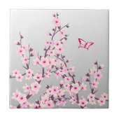 Floral Cherry Blossom Butterfly Pink Grey Tegeltje (Voorkant)