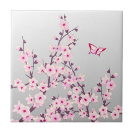 Floral Cherry Blossom Butterfly Pink Grey Tegeltje