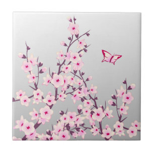 Floral Cherry Blossom Butterfly Pink Grey Tegeltje