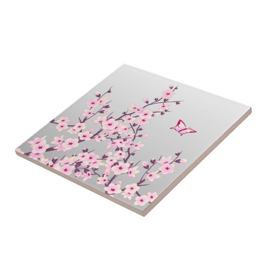 Floral Cherry Blossom Butterfly Pink Grey Tegeltje (Zijkant)