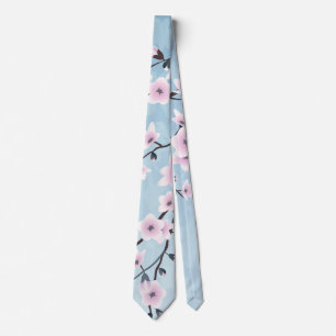 Floral Cherry Blossom Dusky Pink Bleek Blue Stropdas