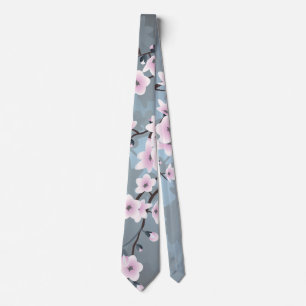 Floral Cherry Blossom Dusky Pink Dusty Blue Stropdas