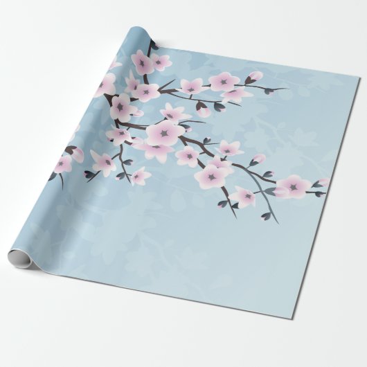 Floral Cherry Blossom Dusty Pink Bleek Blue Cadeaupapier (Uitgerold)