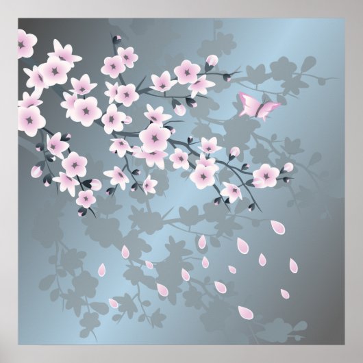 Floral Cherry Blossom Dusty Pink Blue Poster (Voorkant)