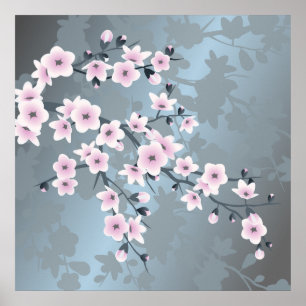 Floral Cherry Blossom Dusty Pink Blue Poster