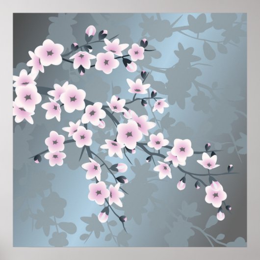 Floral Cherry Blossom Dusty Pink Blue Poster (Voorkant)