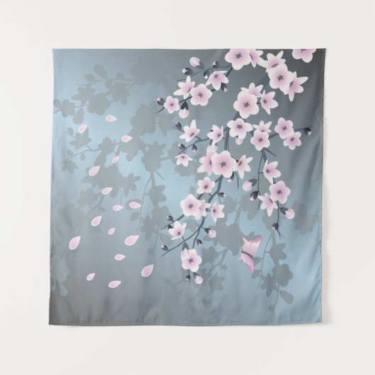 Floral Cherry Blossom Dusty Pink Blue Wandkleed (Voorkant (horizontaal))
