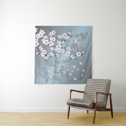 Floral Cherry Blossom Dusty Pink Blue Wandkleed (In situ)