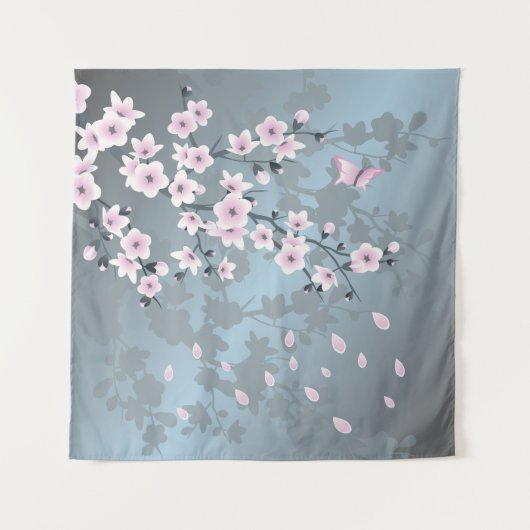 Floral Cherry Blossom Dusty Pink Blue Wandkleed (Voorkant)