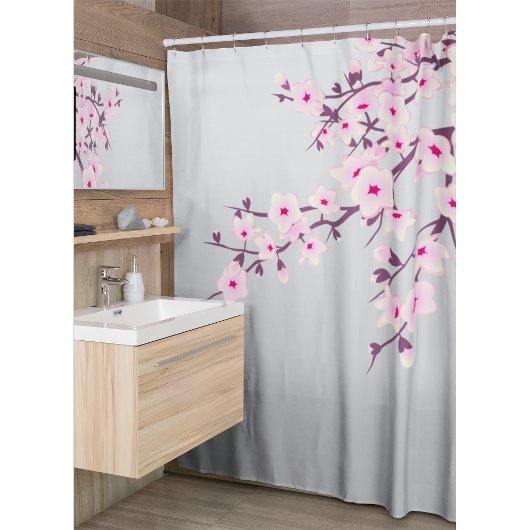 Floral Cherry Blossom Gray Pink Douchegordijn