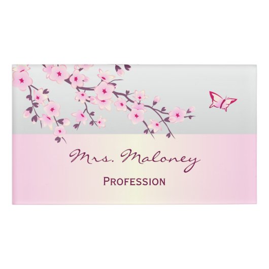 Floral Cherry Blossom Gray Pink Naambadge (Voorkant)