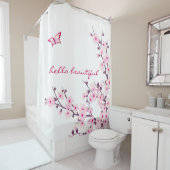 Floral Cherry Blossom Hallo Beauful Text Douchegordijn (In situ)