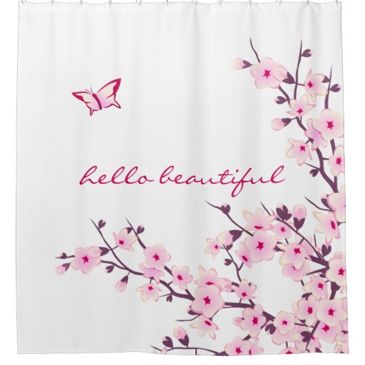 Floral Cherry Blossom Hallo Beauful Text Douchegordijn (Voorkant)