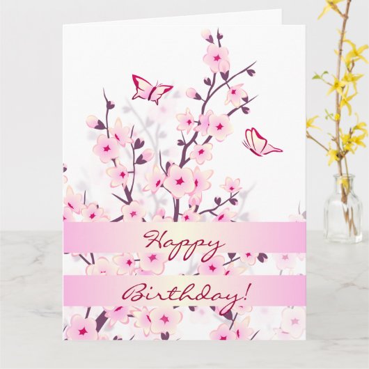 Floral Cherry Blossom Happy Birthday Kaart (Gele Bloem)