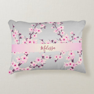 Floral Cherry Blossom Jouw naam/Text Pink Grey Decoratief Kussen