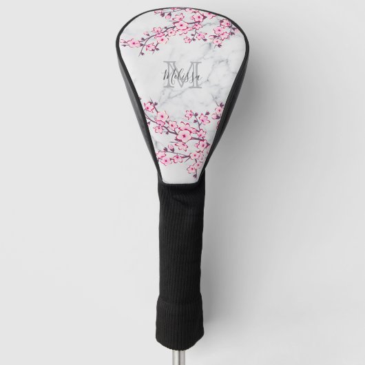 Floral Cherry Blossom Light Grey Marble Monogram Golfheadcover (Voorkant)