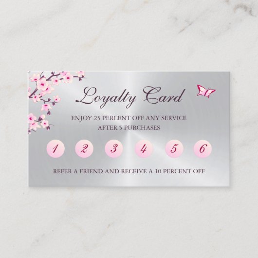 Floral Cherry Blossom Loyalty Kaart Pink Silver Visitekaartje (Voorkant)