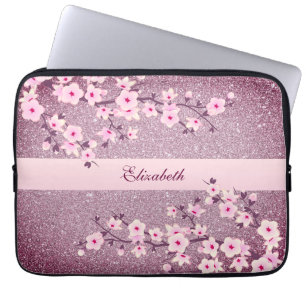 Floral Cherry Blossom Mauve Bling Monogram Laptop Sleeve