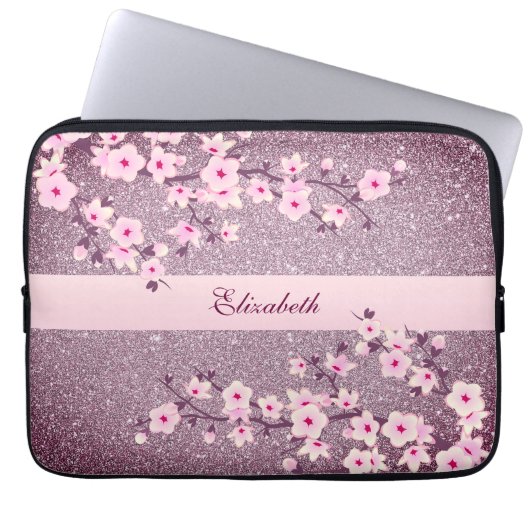 Floral Cherry Blossom Mauve Bling Monogram Laptop Sleeve (Voorkant)
