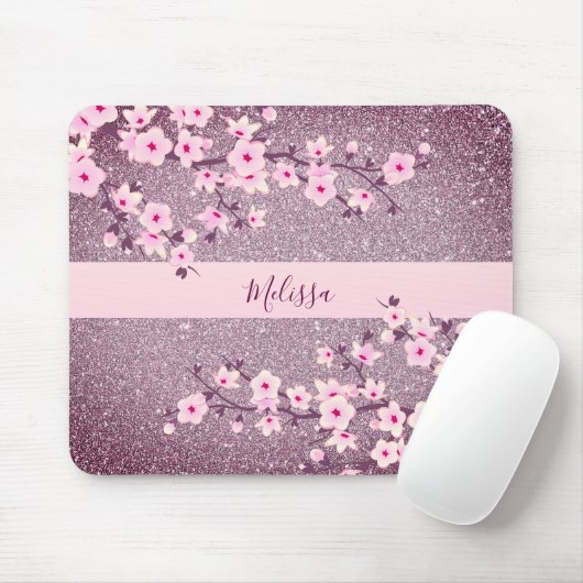 Floral Cherry Blossom Mauve Bling Monogram Muismat (Met muis)