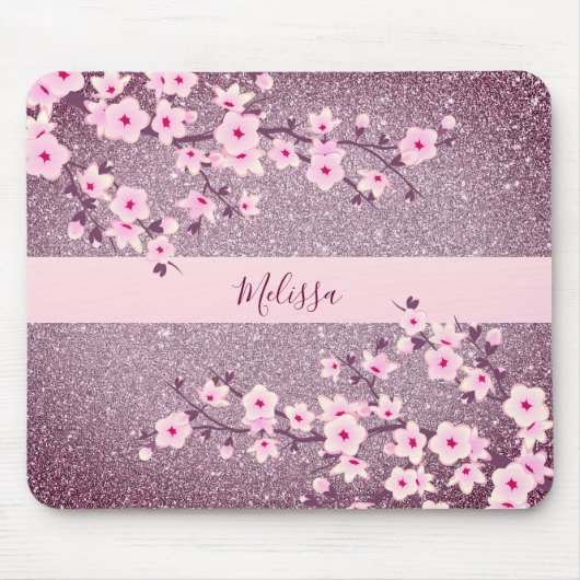 Floral Cherry Blossom Mauve Bling Monogram Muismat (Voorkant)