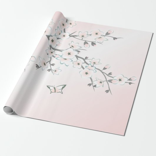 Floral Cherry Blossom Mint Blush Cadeaupapier (Uitgerold)