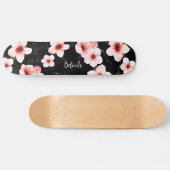 Floral Cherry Blossom Monogram Black Pink Girly Persoonlijk Skateboard (Horizontaal)