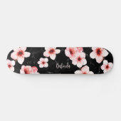 Floral Cherry Blossom Monogram Black Pink Girly Persoonlijk Skateboard (Horizontaal)
