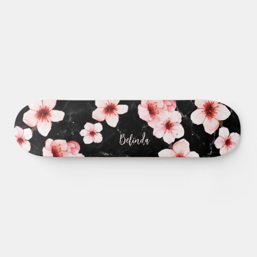 Floral Cherry Blossom Monogram Black Pink Girly Persoonlijk Skateboard (Horizontaal)