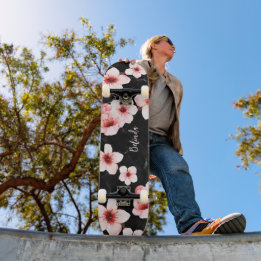 Floral Cherry Blossom Monogram Black Pink Girly Persoonlijk Skateboard
