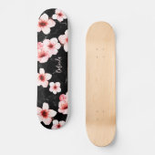 Floral Cherry Blossom Monogram Black Pink Girly Persoonlijk Skateboard (Voorkant)