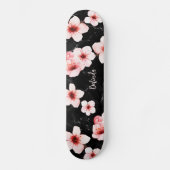 Floral Cherry Blossom Monogram Black Pink Girly Persoonlijk Skateboard (Voorkant)